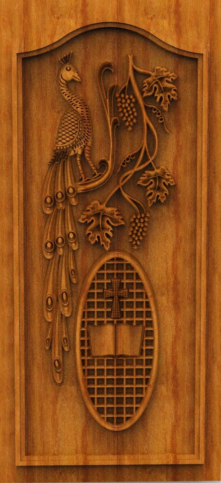 3D DOOR - OAK-01 Religious Symbolism Peacock and Bible Motif Carving